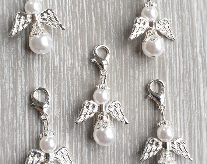 10 Guardian Angel Pendant Angel Baptism Communion Wedding Lucky Charm Silver Plated Mother of Pearl Guest Gift Pearls White