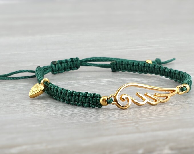 Bracelet Wings Boho Heart Macramé Lucky Charm Girlfriend Braided Bracelet Macrame Green Gold-colored Angel