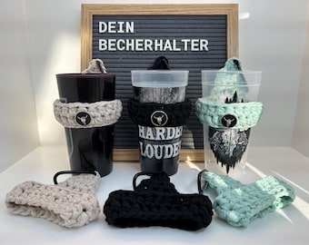 Becherhalter gehäkelt mit Karabinerhaken & Bullhead-Knopf (optional), verschiedene Farben, Festival, Konzert, Wacken