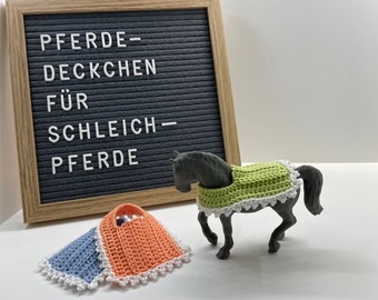 3x Pferdedecke, gehäkelt, für Schleich-Pferde, Baumwolle, grün/orange/blau