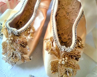 Ballet Ballerina Pointe Toe Shoes Slippers Vintage Swan Gold Beaded Lace Rhinestones Satin Ribbon Leather Sole Swarovski Decorated Display