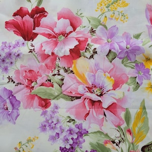 Floral Cotton Fabric Pink, Lavender, Purple, Yellow Flowers Lilacs Roses  on a White Background Quilting Sewing One and One-Third Yards