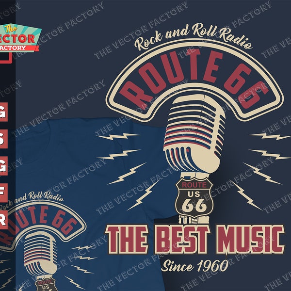 Route 66 Radio Station vector Design. Old Music, 70s, 80s, Party. For T-shirts, Frames, Mugs. SVG, Cdr Svg, eps, png files