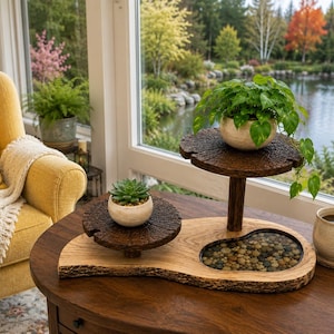 May include: A tiered wooden plant stand featuring a natural live-edge base with an inlaid river stone section. The stand includes two circular platforms with a dark, textured bark-like finish, holding two small white ceramic pots with green plants.