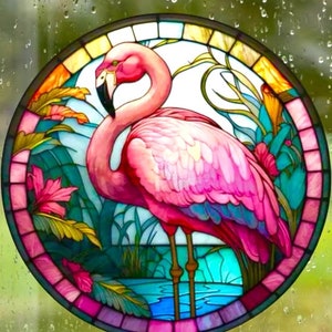 Faux Stained Glass WINDOW CLING - 9" Round Suncatcher - Reusable Vinyl static cling window, pink Flamingo, flamingo window decal, bird cling