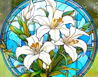 Lillies faux Stained Glass WINDOW CLING - 9" Round Suncatcher - Reusable Vinyl static cling window decal, floral window cling, flower gift