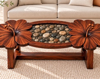 Mesa de centro em nogueira preta com hibisco | Mesa personalizada em resina com detalhes em pedra de rio | Móveis de sala de estar com entalhes florais feitos à mão | Decoração tropical de luxo