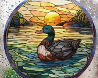 Duck Faux Stained Glass WINDOW CLING - 9" Round Suncatcher - Reusable Vinyl static cling window decal, duck, water foul clings