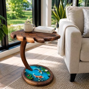 Mesa de nogal con forma de hoja / Mesa con estanque de carpas koi pintada a mano / Mesa auxiliar con detalles de hojas talladas / Muebles de resina estilo zen / Mesa auxiliar de nogal