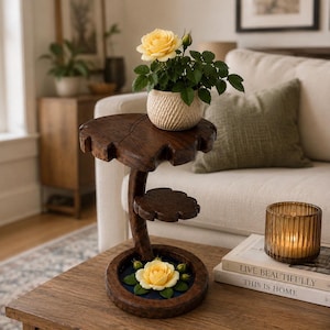 May include: A dark brown wooden plant stand with a tiered leaf-shaped design. The top tier holds a textured cream-colored pot with a yellow rose plant. A smaller middle leaf tier extends from the stem, and the circular base features a yellow rose.