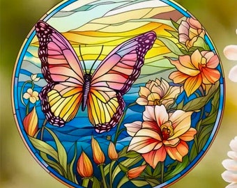 Butterfly faux Stained Glass WINDOW CLING - 9" Round Suncatcher - Reusable Vinyl static cling window decal, floral window cling, butterfly