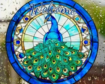 Peacock faux Stained Glass WINDOW CLING - 9" Round Suncatcher - Reusable Vinyl static cling window decal, static cling