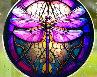 Dragonfly Faux Stained Glass SUNCATCHER - 6” Round Suncatcher - Reusable acrylic window decore, dragonfly window suncatcher