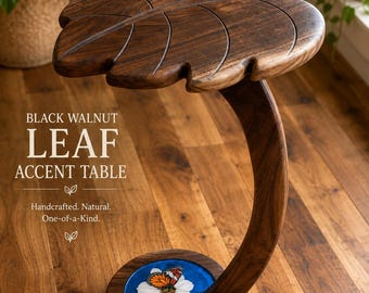 Mesa auxiliar de nogal negro con diseño de hojas / Soporte para plantas hecho a mano / Arte de mariposa en resina / Decoración moderna orgánica / Mesa auxiliar única