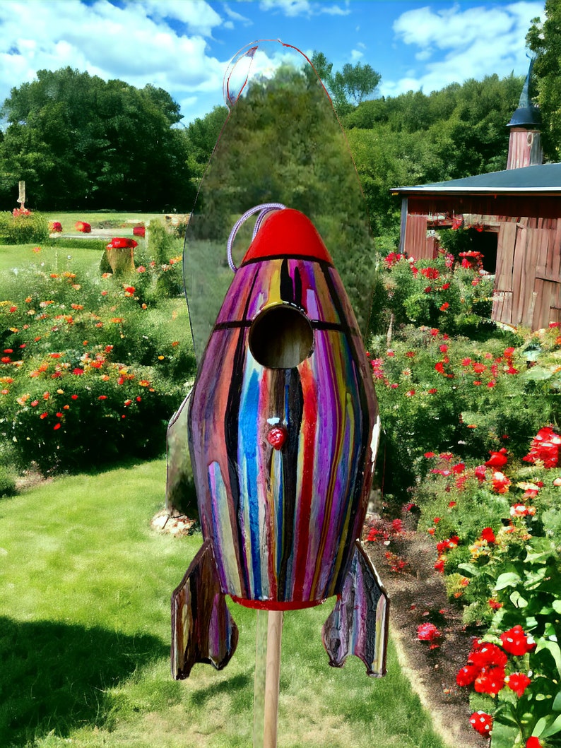 Handmade birdhouse, bird feeder, hand painted birdhouse for hanging or standing in garden. Birdhouse for outdoor use. Acrylic painted wood image 6