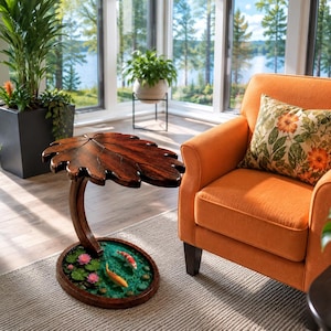 Walnut Leaf Table | Hand-Painted Koi Pond Resin Art Accent Table