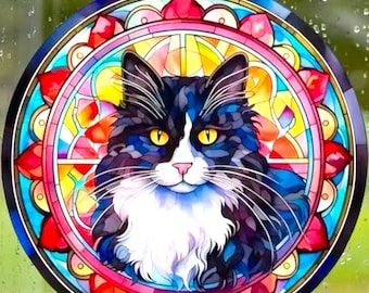 Cat faux stained glass WINDOW CLING - 9" Round Suncatcher - Reusable Vinyl static cling window, black cat, cat decal, cat cling, cat sticker