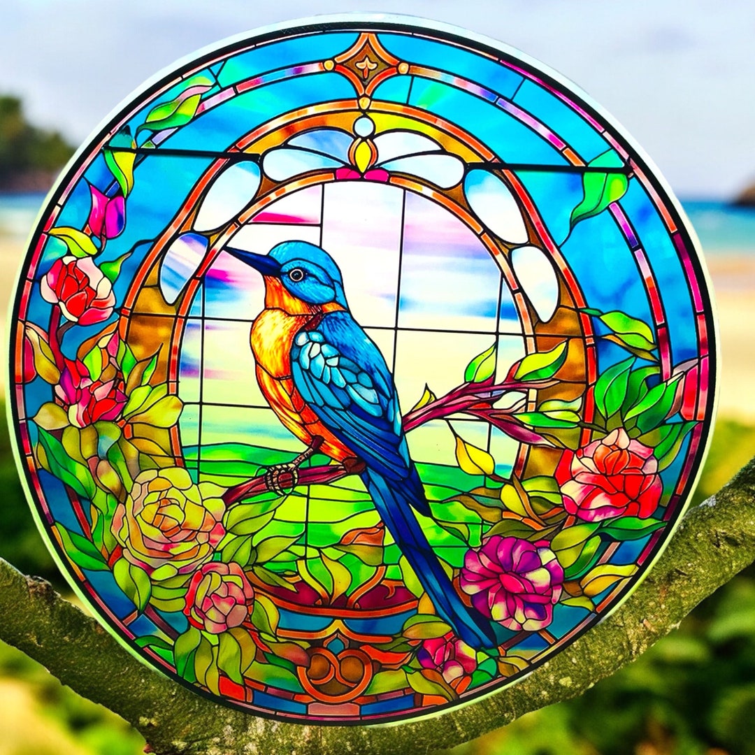 Blue Bird Faux Stained Glass WINDOW CLING 9 Round Suncatcher Reusable ...