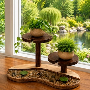 Live Edge River Rock Plant Stand | Walnut Multi Tier Shelf | Nature Inspired Decor
