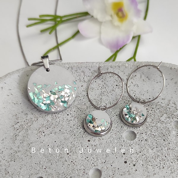 Concrete jewelry set "Liara"/necklace/hoop earrings/concrete/stainless steel/silver/turquoise/concrete jewels