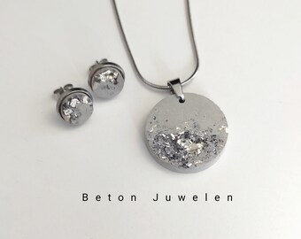 Beton Schmuck Set "Ashley" in Beton grau/ Kette/Ohrstecker/ Medaillon/Beton Juwelen/silber, grau