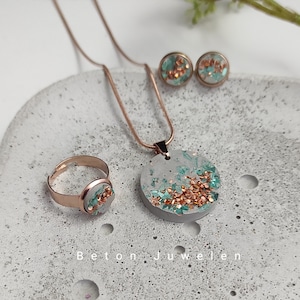Concrete jewelry set "Midori"/concrete jewelry/necklace/ring/ear studs/copper/turquoise/stainless steel/concrete jewels