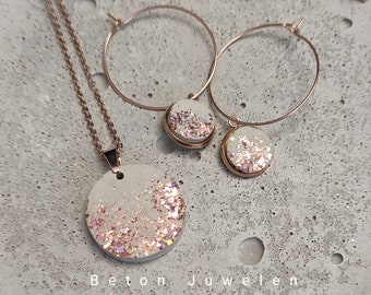 Beton Schmuck Set "Rosella" in rosegold/ Beton Kette/Creolen/Edelstahl/ rosa Glimmer/Betonschmuck/ Beton Juwelen