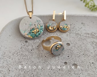 Concrete jewelry set "Teale"/ear studs/necklace/ring/jewelry/turquoise and gold decorated/concrete jewels