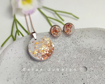 Beton Schmuck Set "Sienna"/Halskette/Ohrstecker/rosègold/orange verziert/Schmuck/ Beton Juwelen