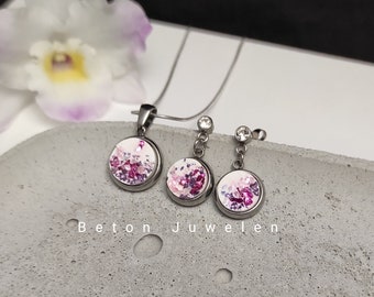 Beton Schmuck Set "Viola"/Halskette/Ohrringe/ Beton/ Edelstahl/Lila,silber/Beton Juwelen