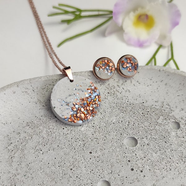 Concrete jewelry set "Livia"/concrete jewelry/necklace/ear studs/copper/blue/stainless steel/concrete jewels