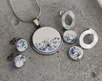 Beton Schmuck Set/Halskette/Ohrringe/Ohrstecker /Beton/ Edelstahl/ Silber/blau/ Beton Juwelen