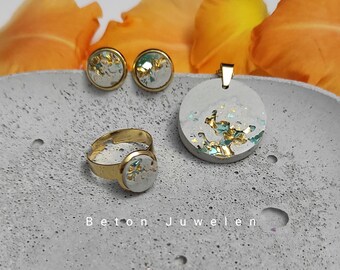 Betonschmuck Set "Teale"/Ohrstecker / Halskette/Ring/ Schmuck/Tükis und gold verziert/Beton Juwelen