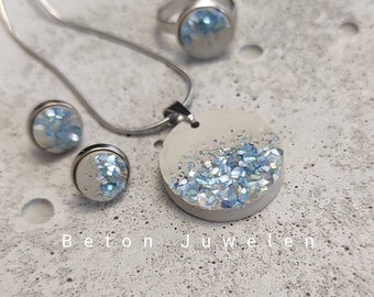 Betonschmuck Set"Kaltrina"/Ohrringe/Ohrstecker/Halskette/Beton schmuck/ Betonjuwelen/Beton/blau/verziert /Edelstahl