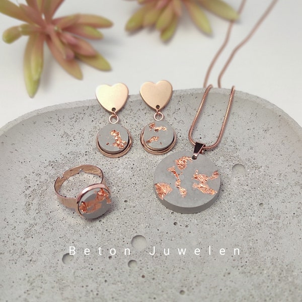 Beton Schmuck Set " Isabella"/Ohrringe mit Herz/Halskette/Ohrstecker/Edelstahl/ Roségold/Betonschmuck/ Beton Juwelen