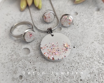 Concrete jewelry set "Rosella" / necklace/earrings/ring/stainless steel/pink glitter/concrete jewelry/concrete jewels