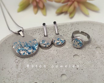 Beton Schmuck Set "Petrolina"/Halskette/Ohrringe/ Beton/ Edelstahl/ Silber/blau/ Beton Juwelen