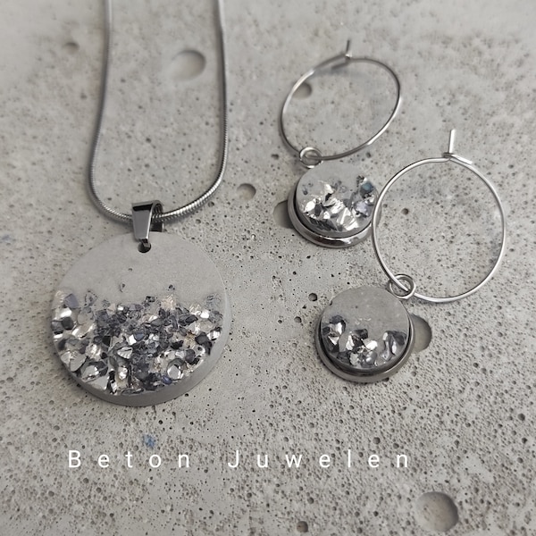 Beton Schmuck Set "Ashley" in Beton grau/ Kette/Ring/Creolen/ Medaillon/Beton Juwelen/silber, grau