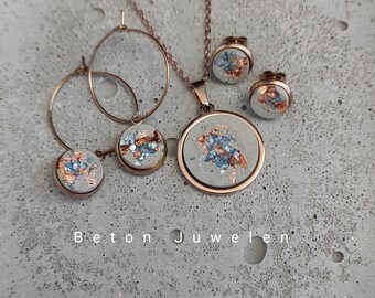 Beton Schmuck Set für "Nyla"/Halskette/ Creolen/Beton/ Edelstahl/Silber/blau/Kupfer/Beton Juwelen