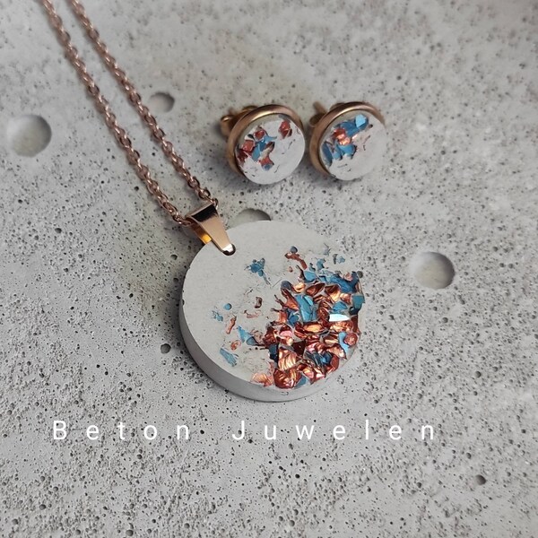 Beton Schmuck Set " Azura" Betonschmuck/Kette/ Handarbeit/Ohrringe/ Medaillon/ Betonjuwelen/ blau/kupfer verziert