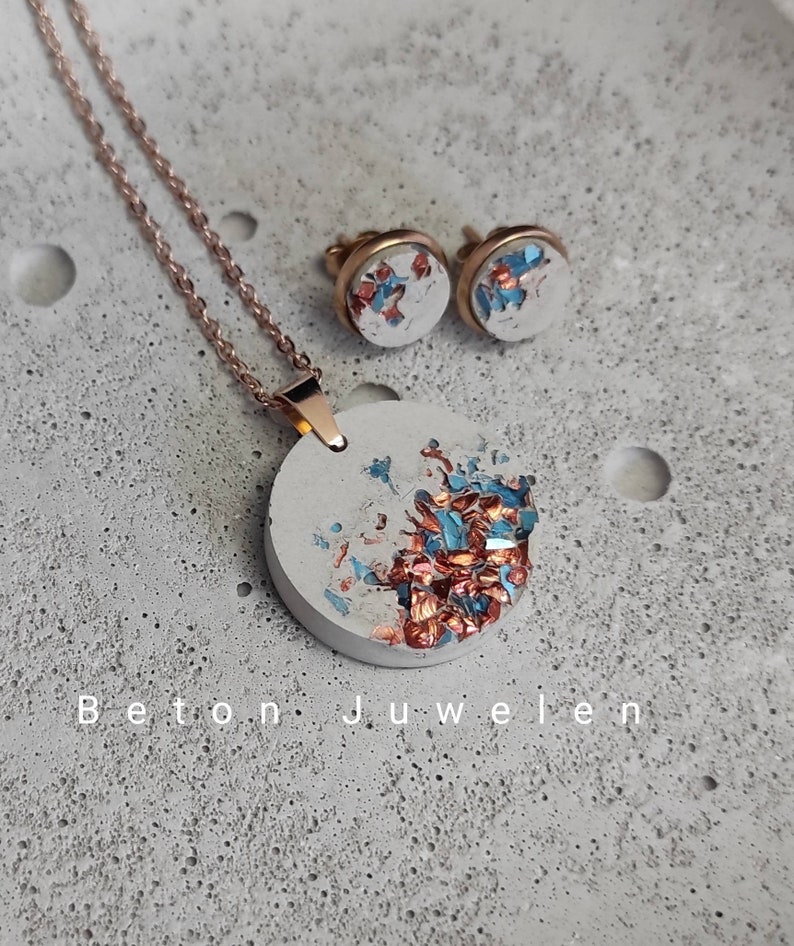 Concrete jewelry set Azura concrete jewelry/chain/handmade/earrings/medallion/concrete jewels/blue/copper decorated image 1