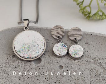 Beton Schmuck Set "Eleonora"/Halskette/Ohrringe/Armband/Edelstahl/bunter Glimmer verziert/Beton Juwelen