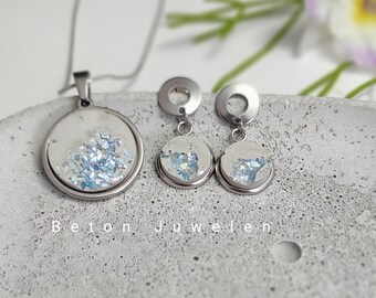 Beton Schmuck Set "Kaltrina"/ Edelstahl/Ohrstecker/Halskette/Ohrringe/ Silber/blau/ Beton Juwelen