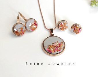 Beton Schmuck Set "Sienna"/Halskette/Ohrstecker/Ohrringe/rosègold/orange verziert/Schmuck/ Beton Juwelen