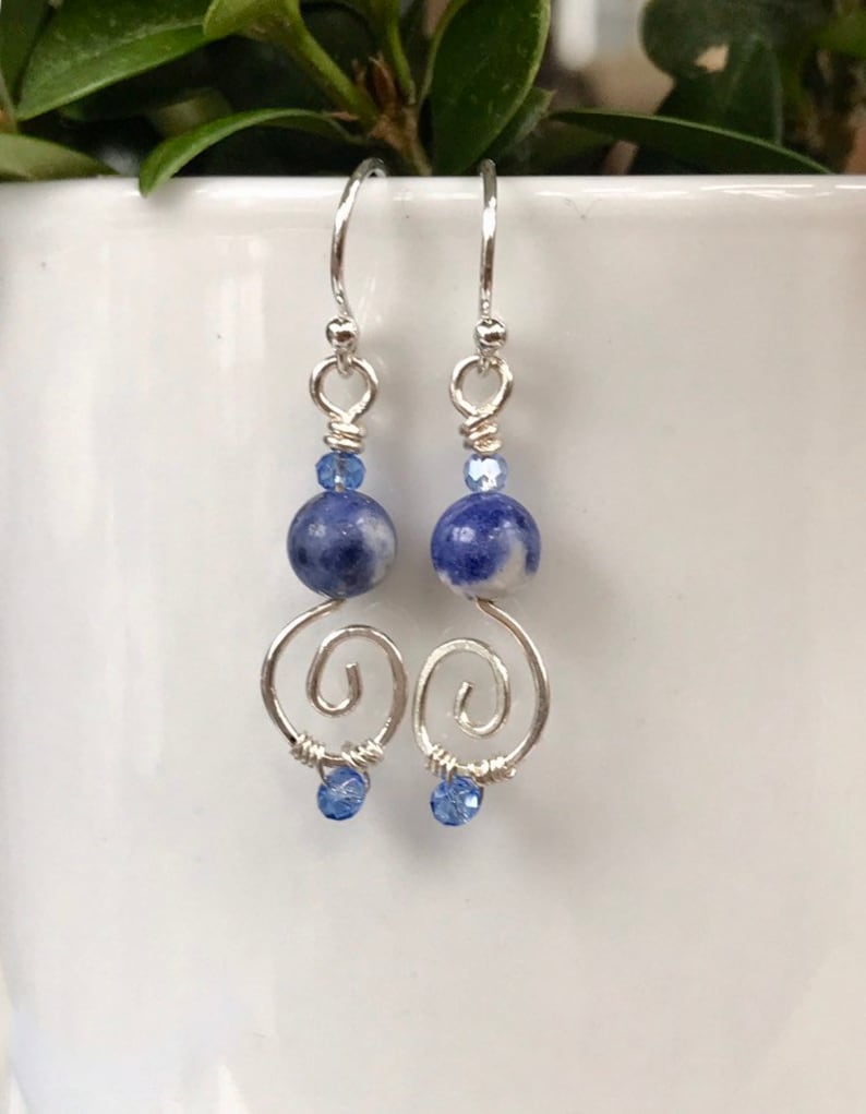 Sterling Silver Blue Sodalite Spiral Dangle Earrings Dainty Minimalist Blue Drop Earrings