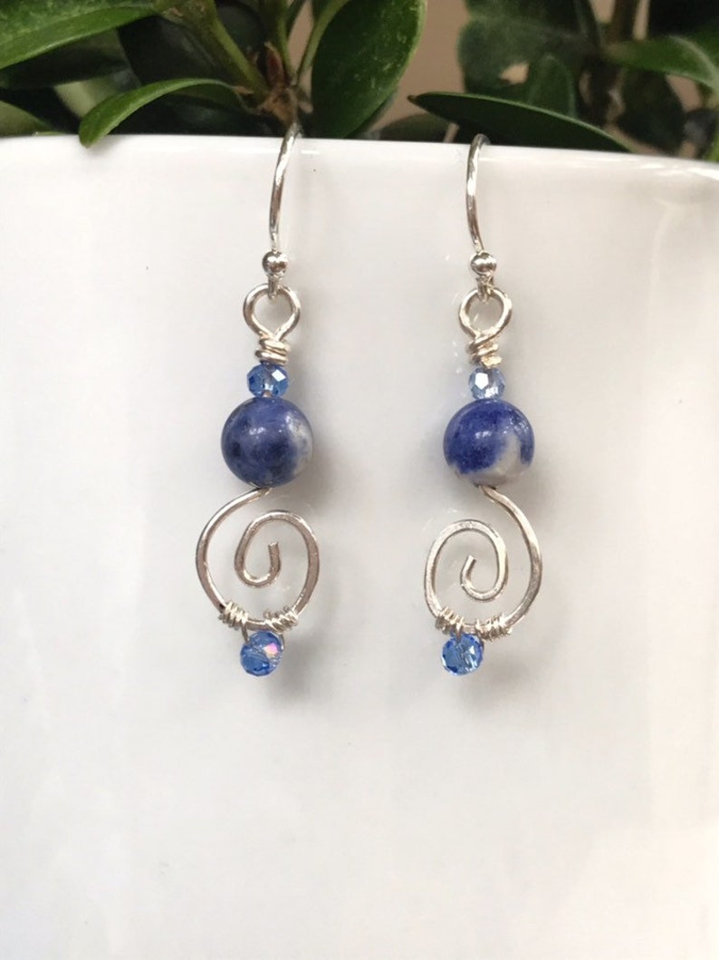 Sterling Silver Blue Sodalite Spiral Dangle Earrings Dainty Minimalist Blue Drop Earrings