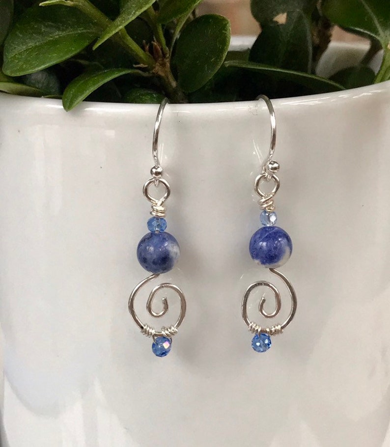 Sterling Silver Blue Sodalite Spiral Dangle Earrings Dainty Minimalist Blue Drop Earrings