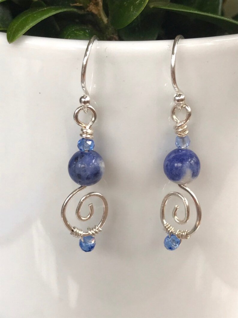 Sterling Silver Blue Sodalite Spiral Dangle Earrings Dainty Minimalist Blue Drop Earrings