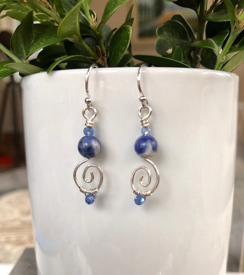 Sterling Silver Blue Sodalite Spiral Dangle Earrings Dainty Minimalist Blue Drop Earrings