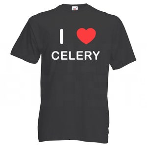 Puede incluir: Camiseta gris oscuro con el texto blanco "I ♥ CELERY" y un corazón rojo. La camiseta es de manga corta y cuello redondo.